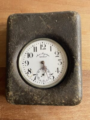 DOXA Taschenuhr AntiMagnetique, Wecker, 1905, Durchmesser 7 cm, verglaster Boden